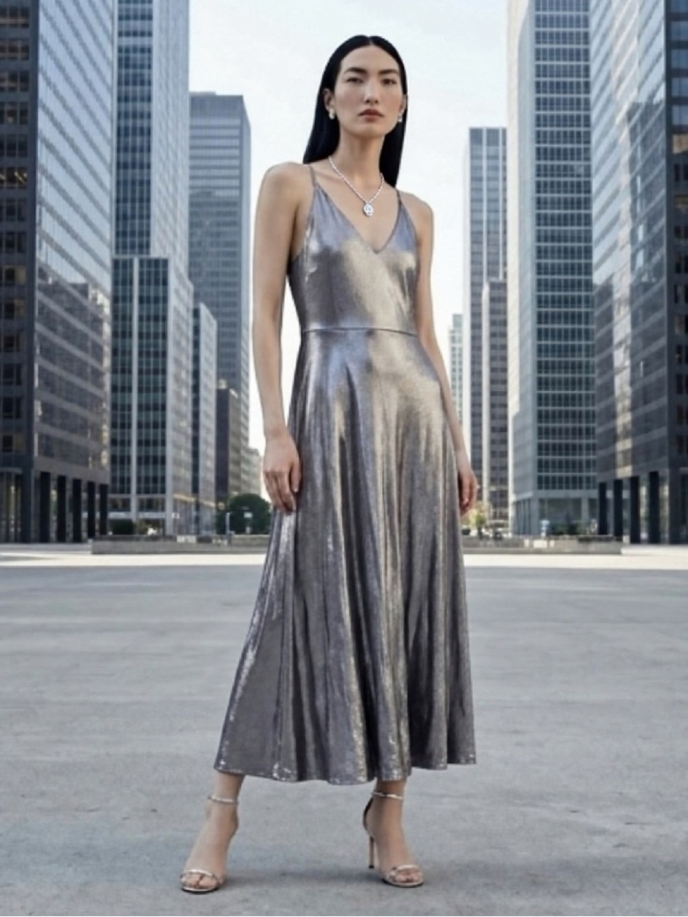 Halston Heritage Metallic Silver V-Neck Midi Dress